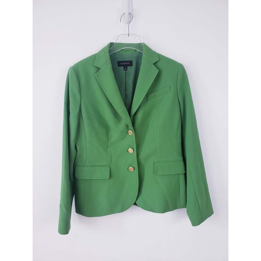 Talbots Blazer Green Gold Button Crest Textured Career Jacket 8